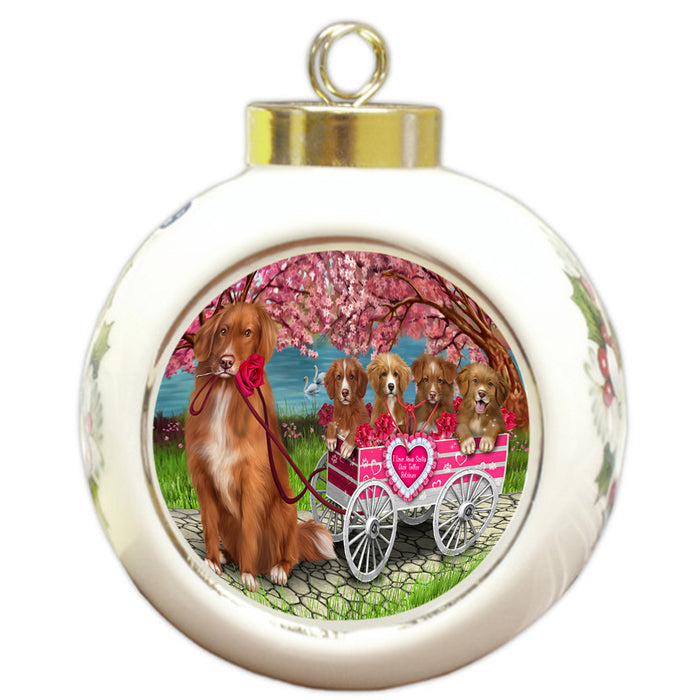 I Love Nova Scotia Duck Toller Retriever Dogs in a Cart Round Ball Christmas Ornament RBPOR58246
