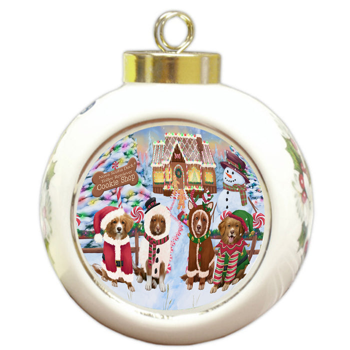 Holiday Gingerbread Cookie Shop Nova Scotia Duck Toller Retrievers Dog Round Ball Christmas Ornament RBPOR56861