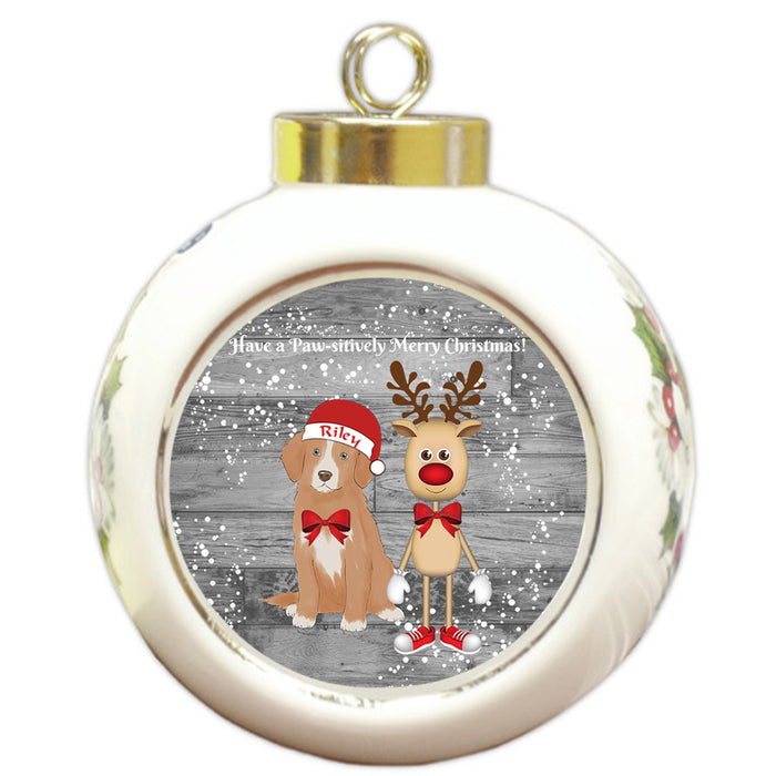 Custom Personalized Nova Scotia Duck Toller Retriever Dog Reindeer and Pooch Christmas Round Ball Ornament