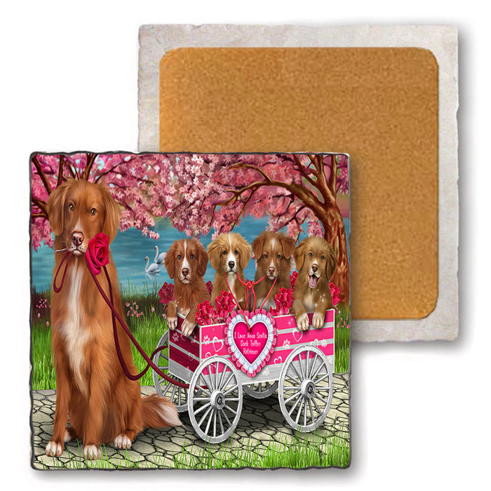 I Love Nova Scotia Duck Toller Retriever Dogs in a Cart Set of 4 Natural Stone Marble Tile Coasters MCST52119