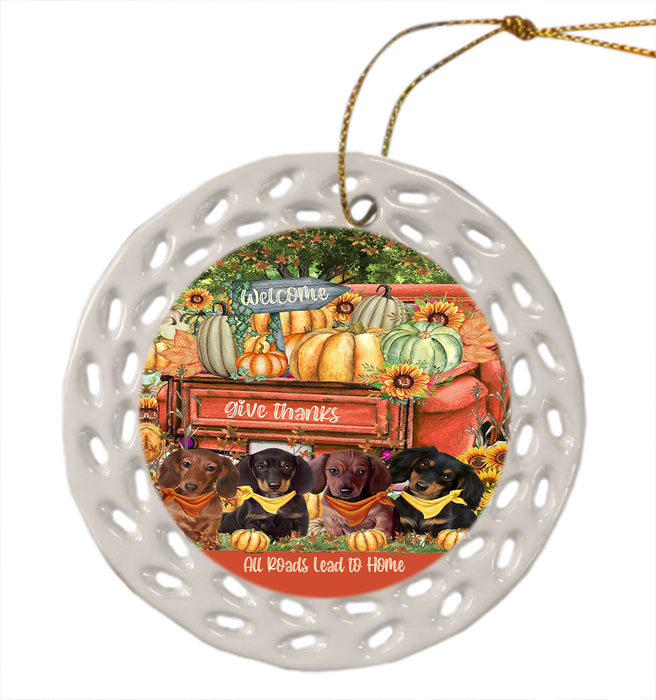 All Roads Lead to Home Orange Truck Harvest Fall Pumpkin Dachshund Dog Ceramic Doily Ornament