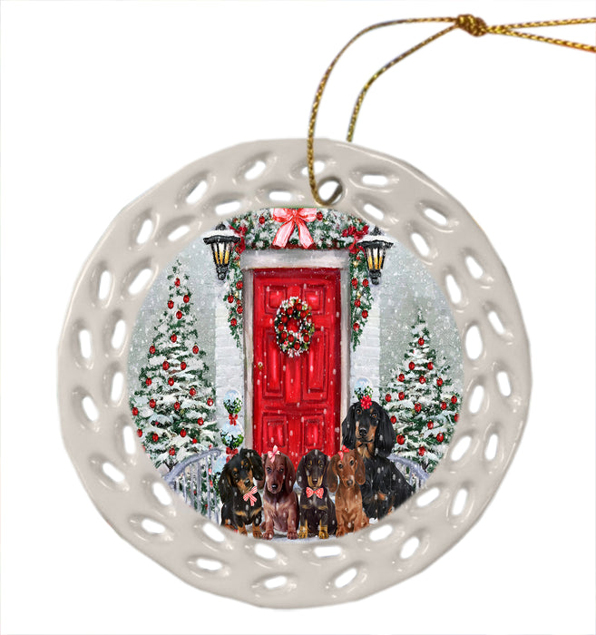 Christmas Holiday Welcome Red Door Dachshund Dog Ceramic Doily Ornament