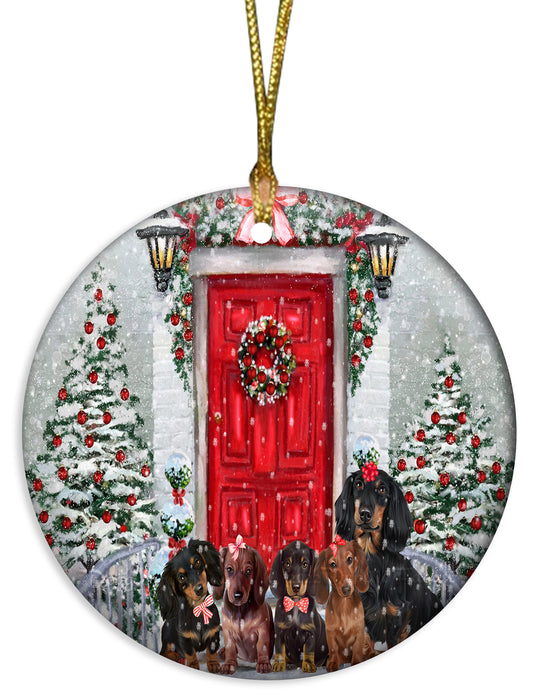 Christmas Holiday Welcome Red Door Dachshund Dog Round Flat Christmas Ornament