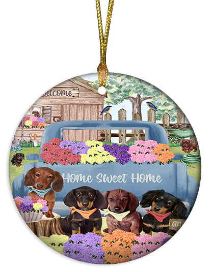 Rhododendron Home Sweet Home Garden Blue Truck Dachshund Dog Round Flat Christmas Ornament