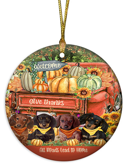 All Roads Lead to Home Orange Truck Harvest Fall Pumpkin Dachshund Dog Round Flat Christmas Ornament