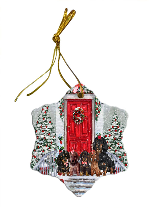 Christmas Holiday Welcome Red Door Dachshund Dog Star Porcelain Ornament
