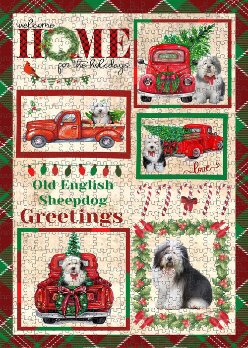 Welcome Home for Christmas Holidays Old English Sheepdogs Portrait Jigsaw Puzzle for Adults Animal Interlocking Puzzle Game Unique Gift for Dog Lover's with Metal Tin Box
