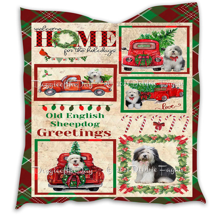 Welcome Home for Christmas Holidays Old English Sheepdogs Quilt Bed Coverlet Bedspread - Pets Comforter Unique One-side Animal Printing - Soft Lightweight Durable Washable Polyester Quilt