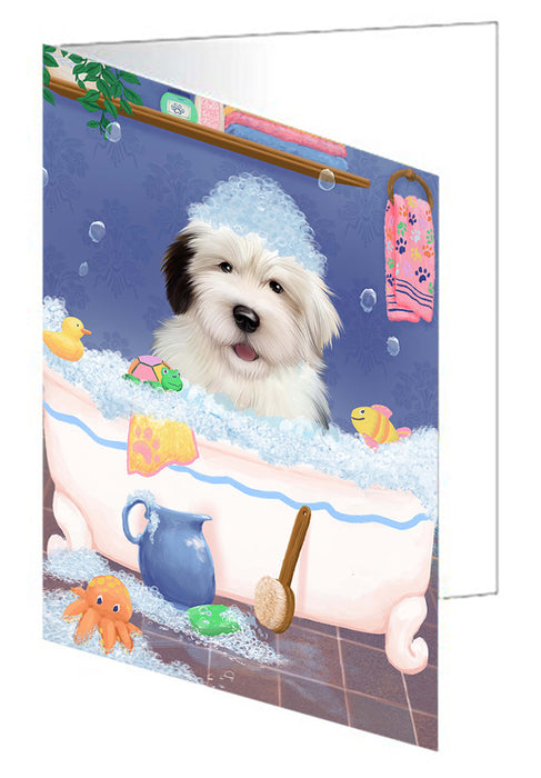 Rub A Dub Dog In A Tub Old English Sheepdog Handmade Artwork Assorted Pets Greeting Cards and Note Cards with Envelopes for All Occasions and Holiday Seasons GCD79523