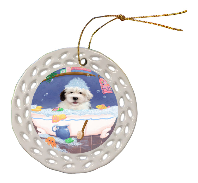Rub A Dub Dog In A Tub Old English Sheepdog Doily Ornament DPOR58294