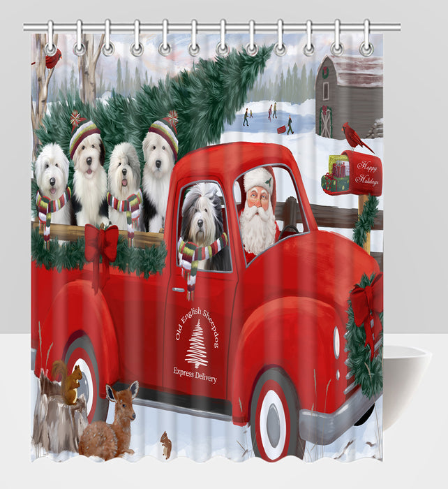 Christmas Santa Express Delivery Red Truck Old English Sheepdogs Shower Curtain