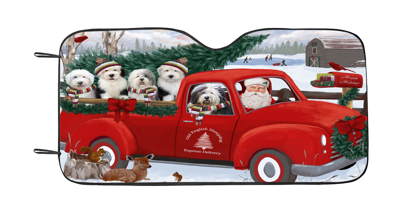 Christmas Santa Express Delivery Red Truck Old English Sheepdogs Car Sun Shade