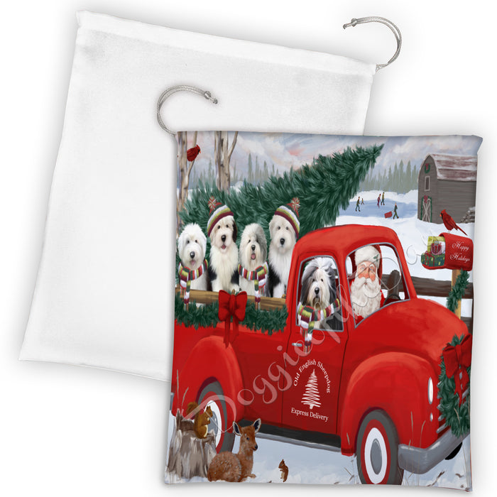 Christmas Santa Express Delivery Red Truck Old English Sheepdogs Drawstring Laundry or Gift Bag LGB48324