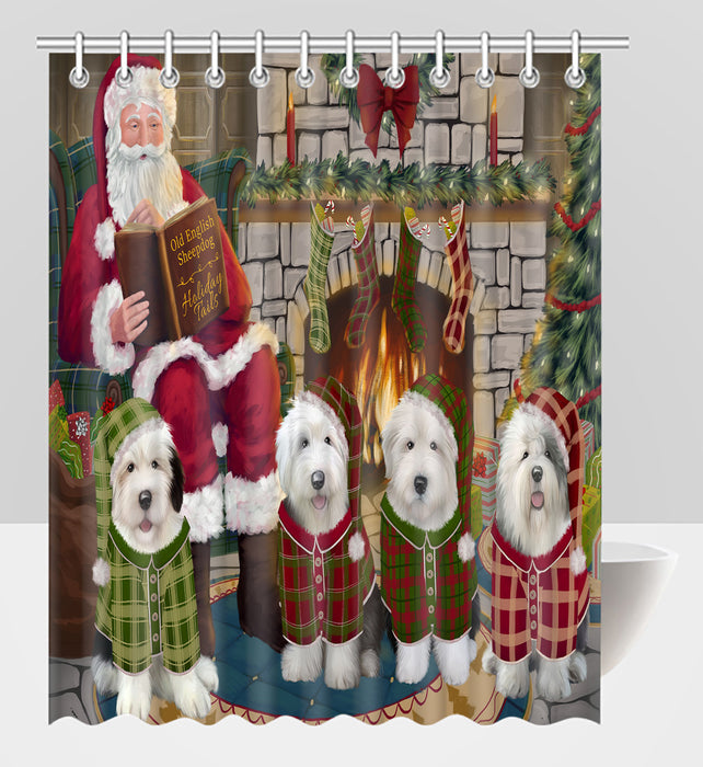 Christmas Cozy Holiday Fire Tails Old English Sheepdogs Shower Curtain