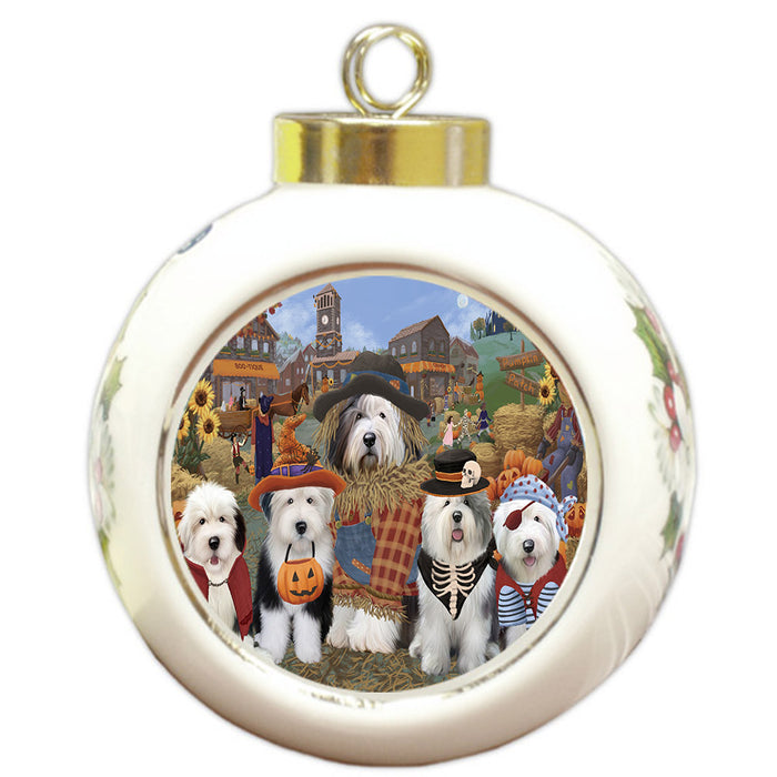 Halloween 'Round Town And Fall Pumpkin Scarecrow Both Old English Sheepdogs Round Ball Christmas Ornament RBPOR57417