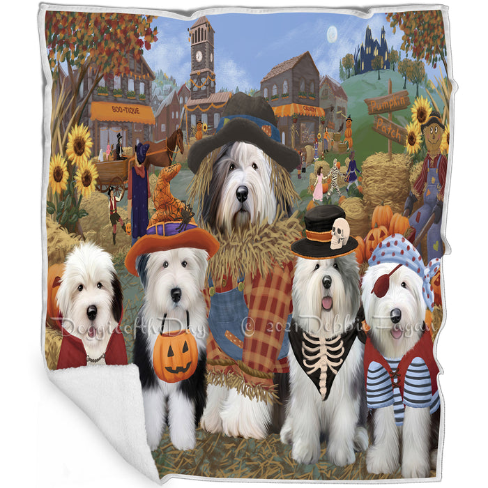 Halloween 'Round Town And Fall Pumpkin Scarecrow Both Old English Sheepdogs Blanket BLNKT139079