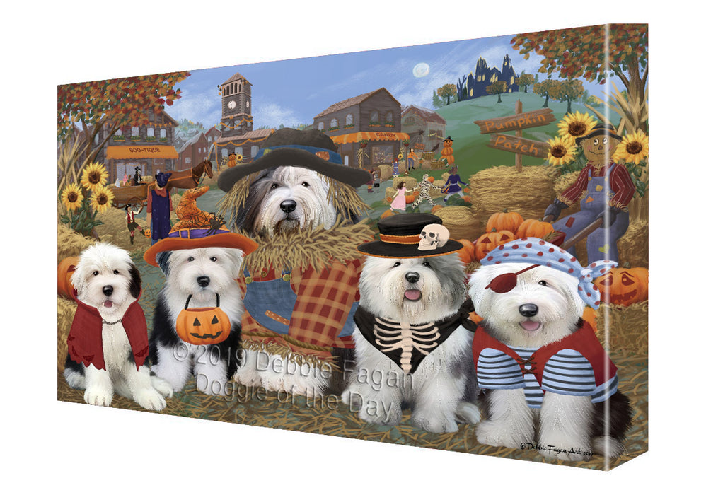 Halloween 'Round Town And Fall Pumpkin Scarecrow Both Old English Sheepdogs Canvas Print Wall Art Décor CVS139706