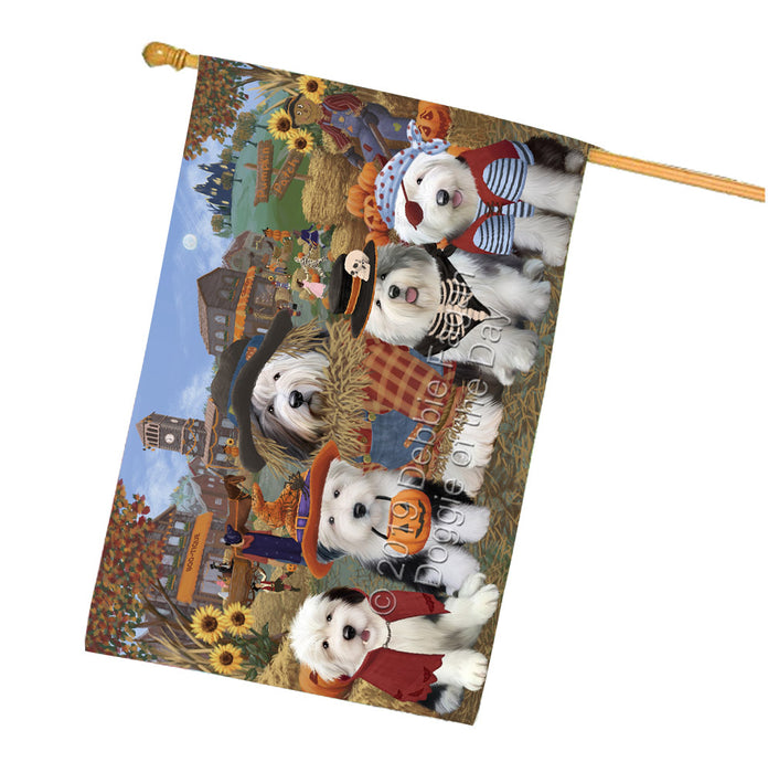 Halloween 'Round Town And Fall Pumpkin Scarecrow Both Old English Sheepdogs House Flag FLG65669
