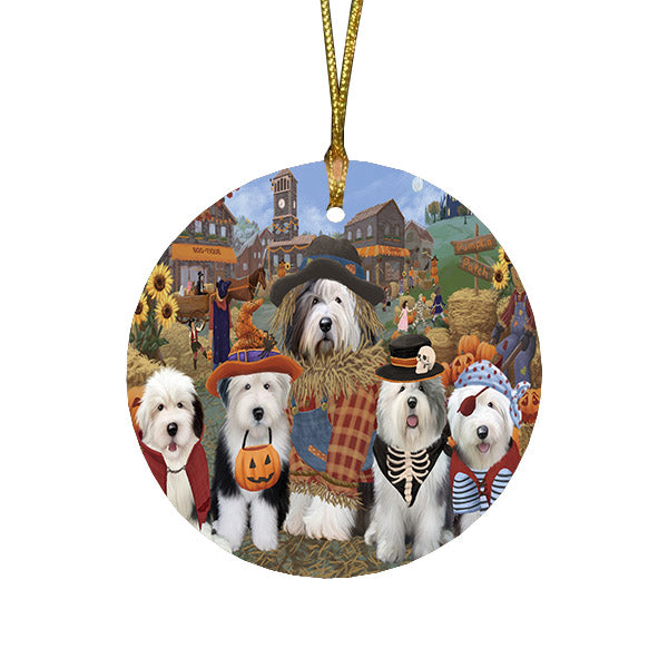 Halloween 'Round Town And Fall Pumpkin Scarecrow Both Old English Sheepdogs Round Flat Christmas Ornament RFPOR57417