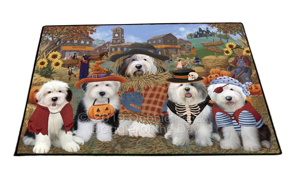 Halloween 'Round Town And Fall Pumpkin Scarecrow Both Old English Sheepdogs Floormat FLMS53984