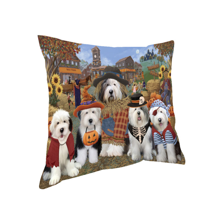 Halloween 'Round Town And Fall Pumpkin Scarecrow Both Old English Sheepdogs Pillow PIL82452