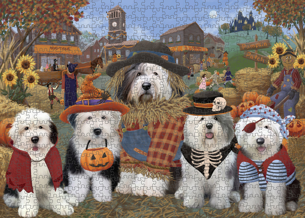 Halloween 'Round Town And Fall Pumpkin Scarecrow Both Old English Sheepdogs Puzzle with Photo Tin PUZL96360