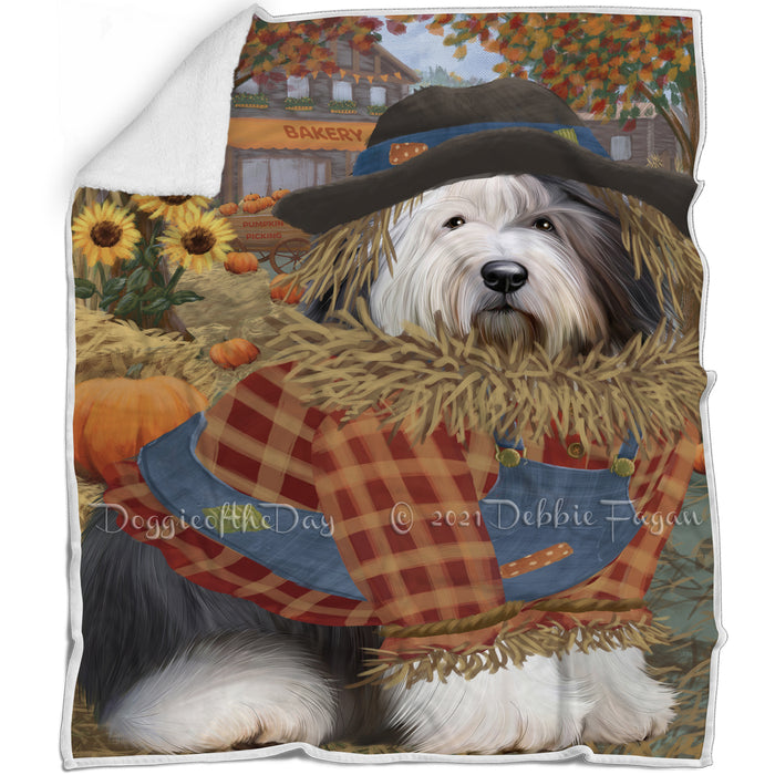 Halloween 'Round Town And Fall Pumpkin Scarecrow Both Old English Sheepdogs Blanket BLNKT139628