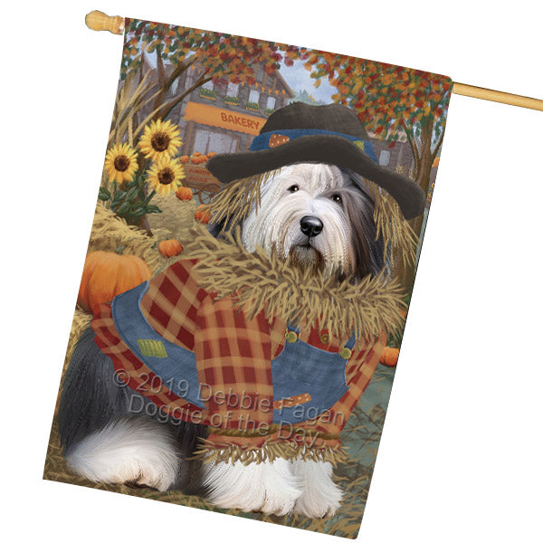Halloween 'Round Town And Fall Pumpkin Scarecrow Both Old English Sheepdogs House Flag FLG65730