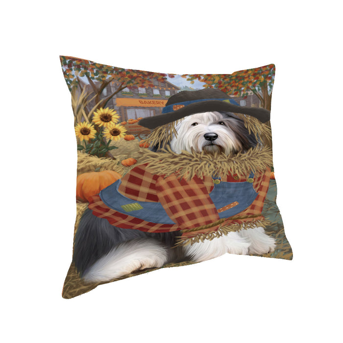 Halloween 'Round Town And Fall Pumpkin Scarecrow Both Old English Sheepdogs Pillow PIL82696