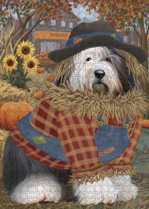 Halloween 'Round Town And Fall Pumpkin Scarecrow Both Old English Sheepdogs Puzzle with Photo Tin PUZL96604