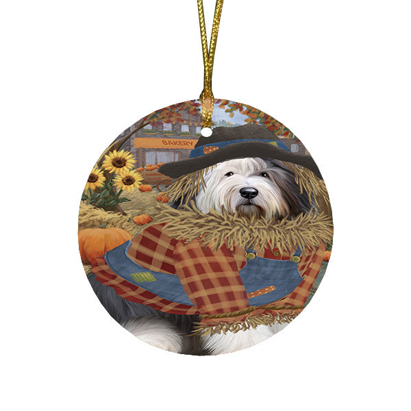 Halloween 'Round Town And Fall Pumpkin Scarecrow Both Old English Sheepdogs Round Flat Christmas Ornament RFPOR57478
