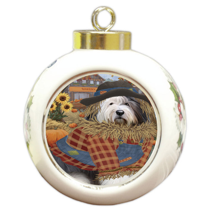 Halloween 'Round Town And Fall Pumpkin Scarecrow Both Old English Sheepdogs Round Ball Christmas Ornament RBPOR57478