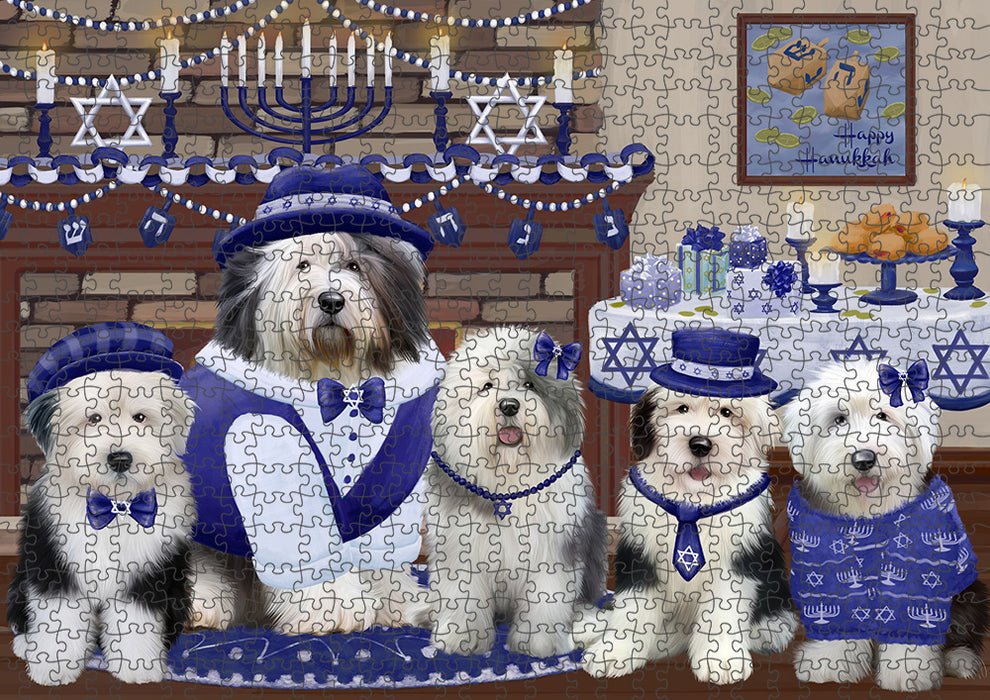 Happy Hanukkah Old English Sheepdogs Portrait Jigsaw Puzzle for Adults Animal Interlocking Puzzle Game Unique Gift for Dog Lover's with Metal Tin Box