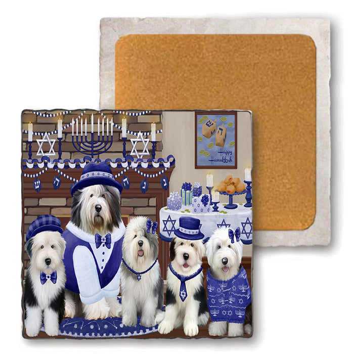 Happy Hanukkah Family Old English Sheepdogs Set of 4 Natural Stone Marble Tile Coasters MCST52273