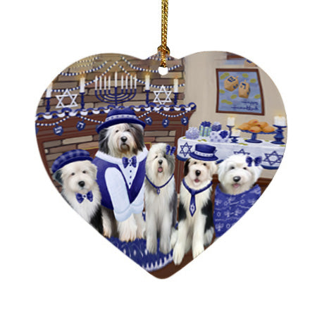 Happy Hanukkah Family Old English Sheepdogs Heart Christmas Ornament HPORA58429