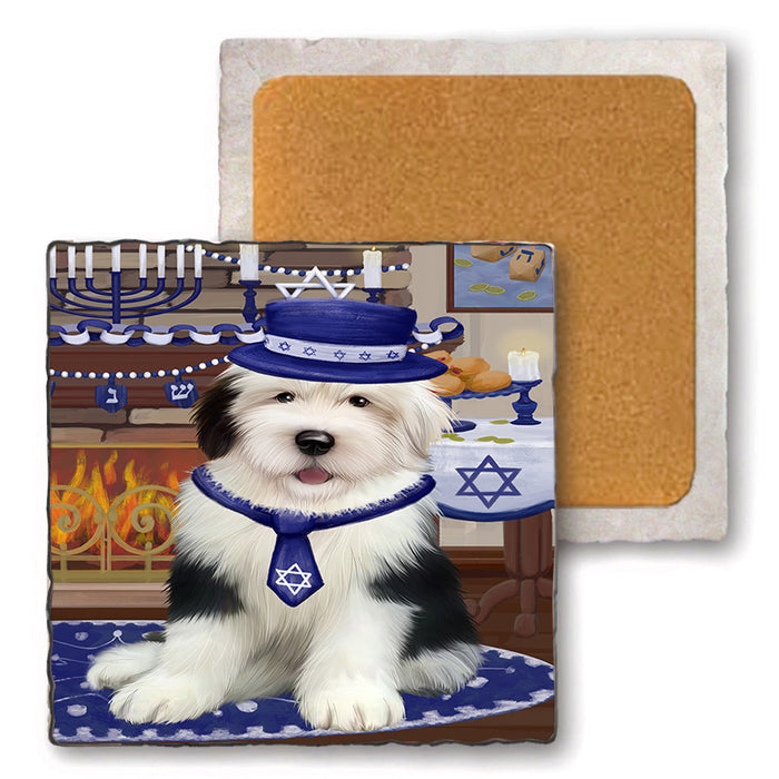 Happy Hanukkah  Old English Sheepdogs Set of 4 Natural Stone Marble Tile Coasters MCST52486