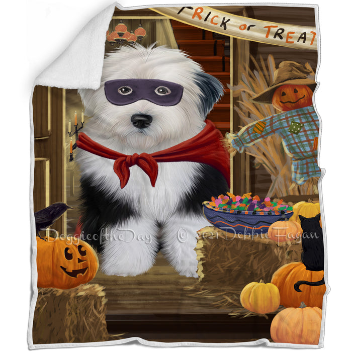 Enter at Own Risk Trick or Treat Halloween Old English Sheepdog Blanket BLNKT96141
