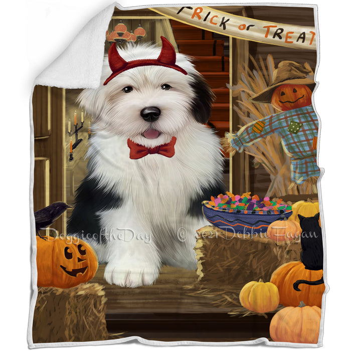 Enter at Own Risk Trick or Treat Halloween Old English Sheepdog Blanket BLNKT96159