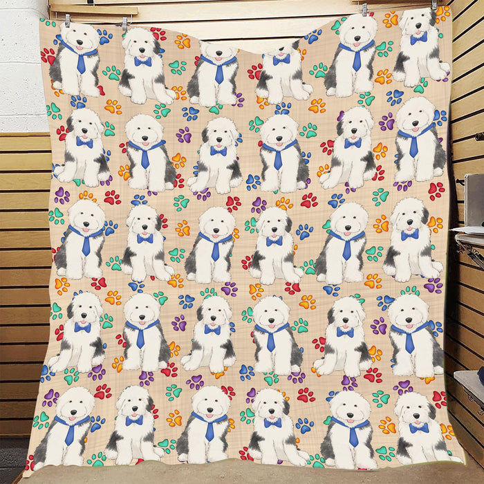 Rainbow Paw Print Old English Sheepdog Blue Quilt