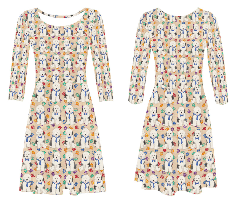 Rainbow Paw Print Old English Sheepdog Blue 3/4 Sleeve Sundress