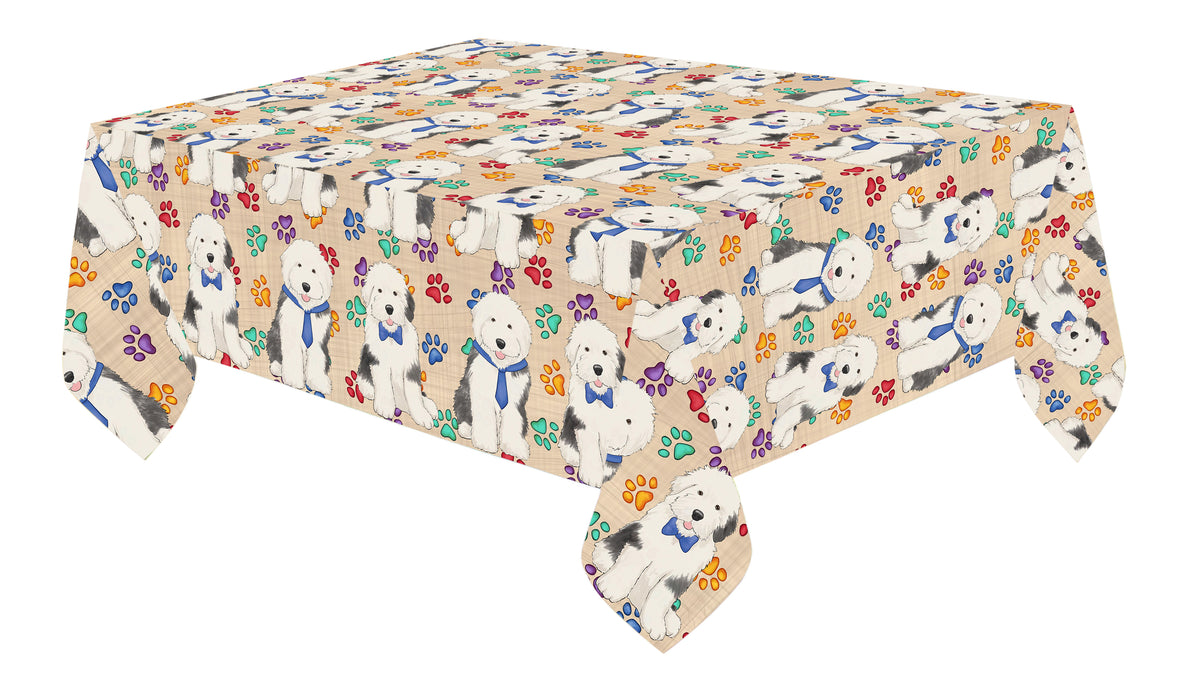 Rainbow Paw Print Old English Sheepdog Blue Cotton Linen Tablecloth