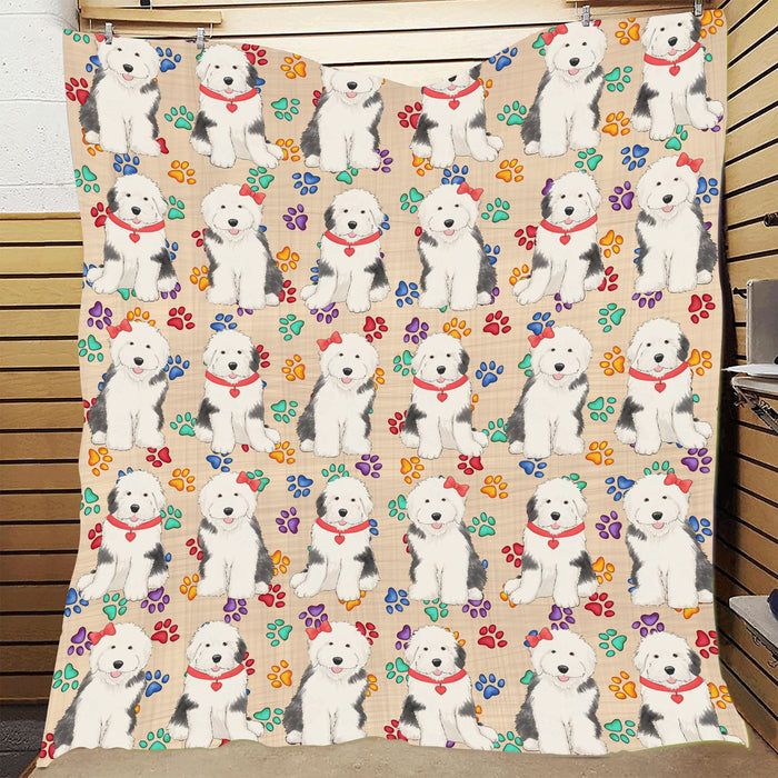 Rainbow Paw Print Old English Sheepdog Red Quilt