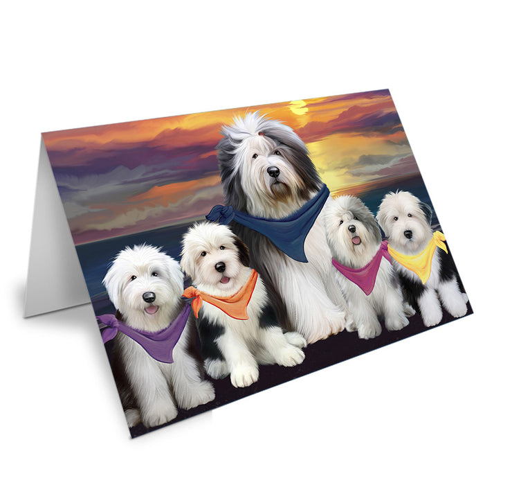 Family Sunset Portrait Old English Sheepdogs Handmade Artwork Assorted Pets Greeting Cards and Note Cards with Envelopes for All Occasions and Holiday Seasons GCD54824