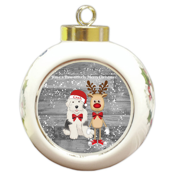 Custom Personalized Old English Sheepdog Reindeer and Pooch Christmas Round Ball Ornament