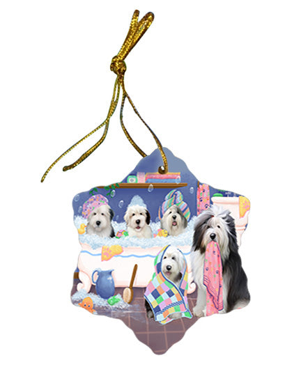 Rub A Dub Dogs In A Tub Old English Sheepdogs Star Porcelain Ornament SPOR57161
