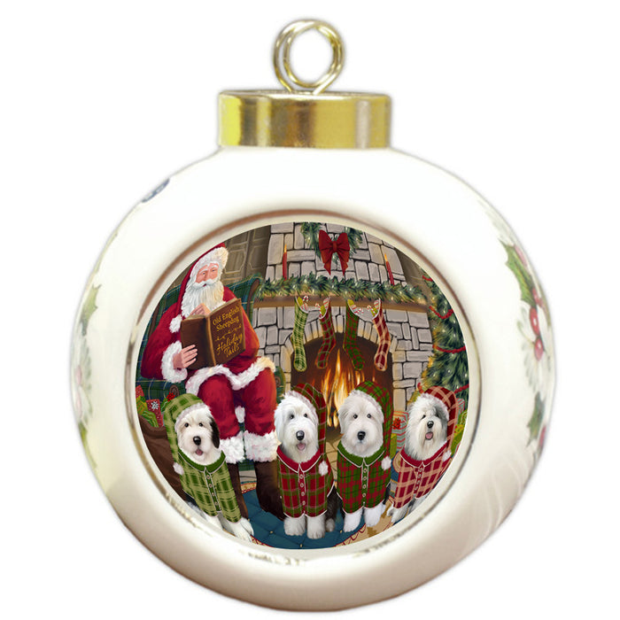 Christmas Cozy Holiday Tails Old English Sheepdogs Round Ball Christmas Ornament RBPOR55495