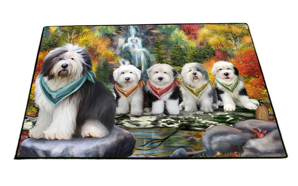 Scenic Waterfall Old English Sheepdogs Floormat FLMS49914