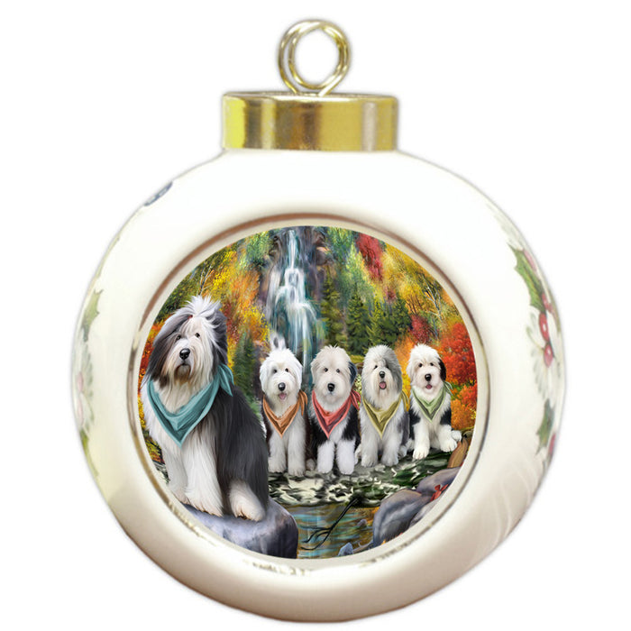 Scenic Waterfall Old English Sheepdogs Round Ball Christmas Ornament RBPOR49492