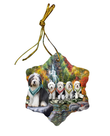 Scenic Waterfall Old English Sheepdogs Star Porcelain Ornament SPOR49484