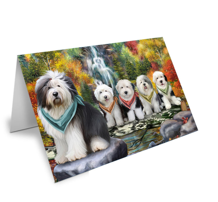 Scenic Waterfall Old English Sheepdogs Handmade Artwork Assorted Pets Greeting Cards and Note Cards with Envelopes for All Occasions and Holiday Seasons GCD52403